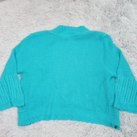 Notations Womens Sweater Cardigan Blue Teal PM Open Front Cropped Crotchet - Picture 2 of 8